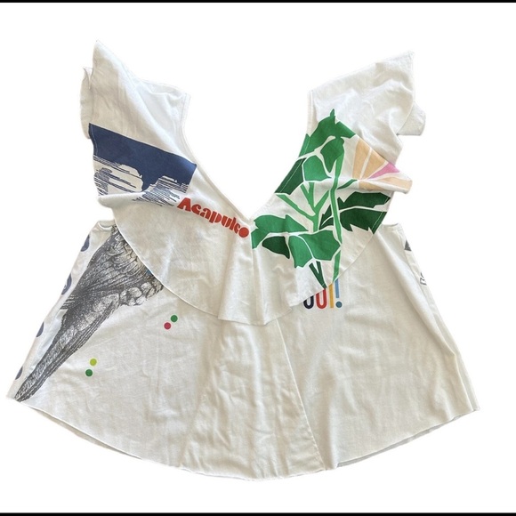 AKEMI + KIM TOP TEE TANK SLEEVELESS V-NECK & BACK WHITE GRAY GRAPHIC SIZE S - Picture 6 of 9